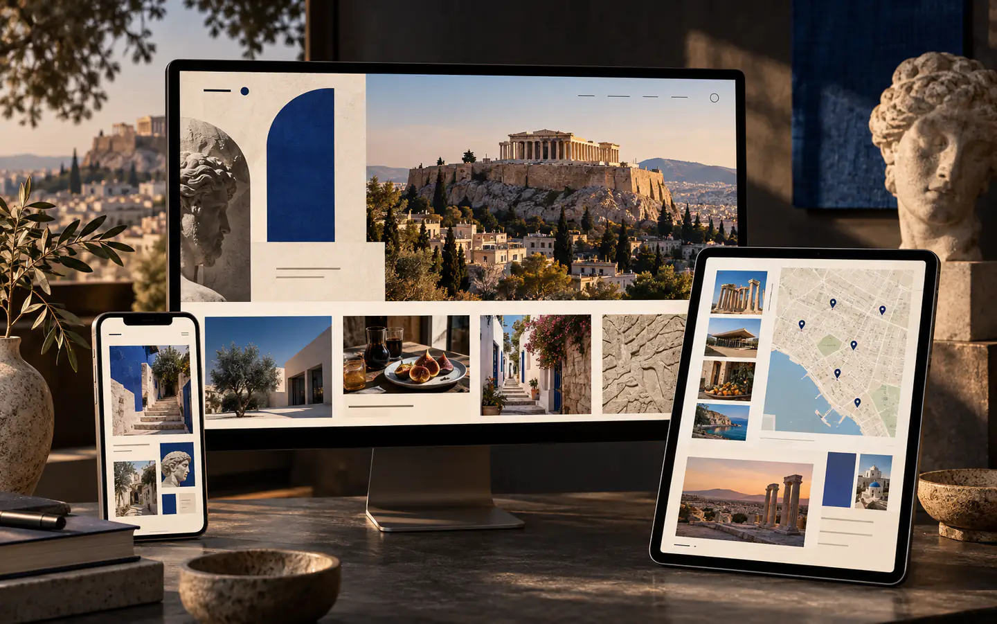 Athens responsive website concept shown on desktop, tablet, and phone