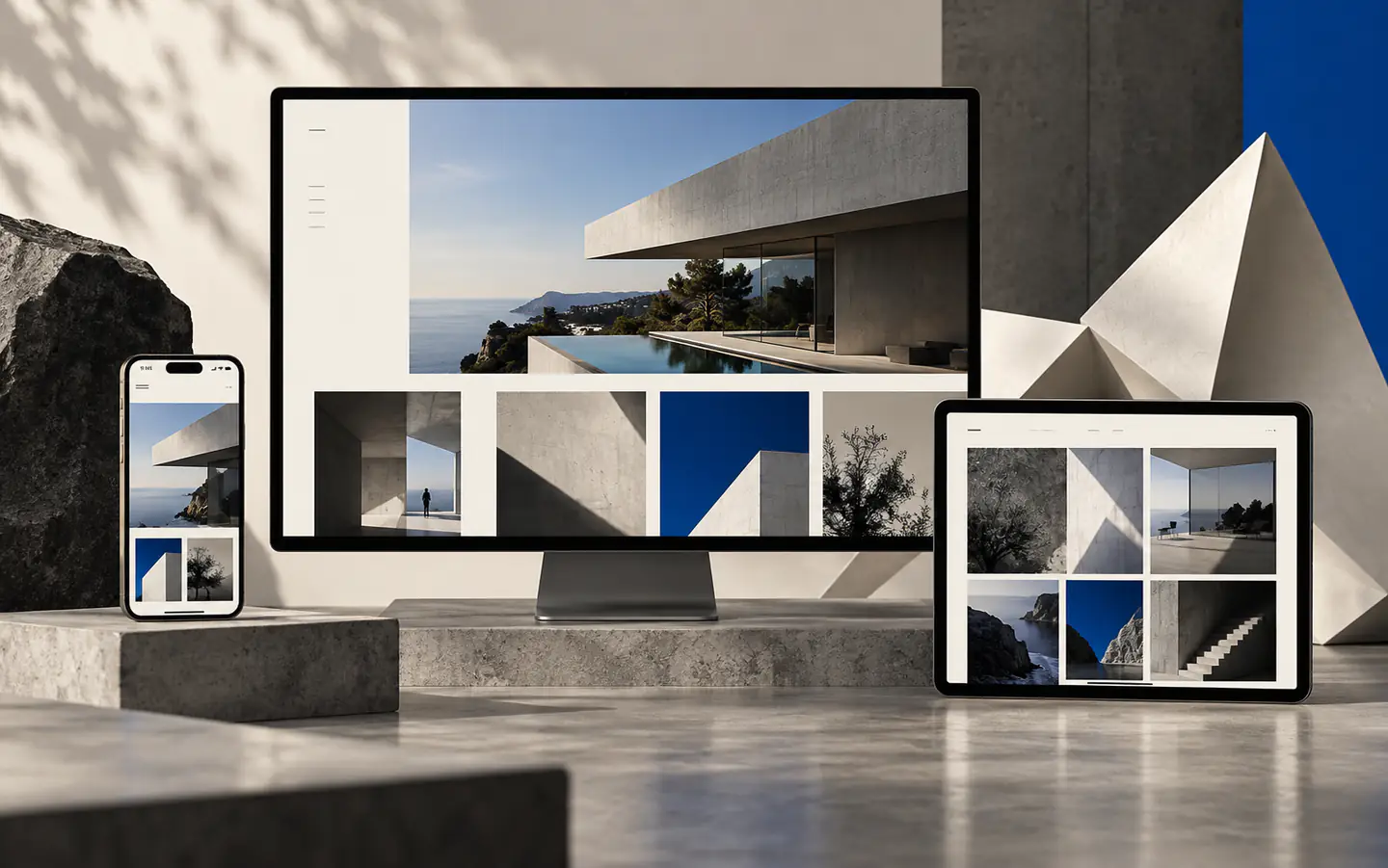 Fold responsive website concept shown on desktop, tablet, and phone