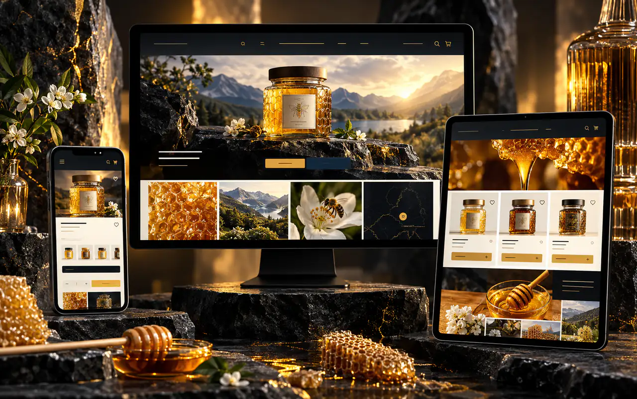 HubsHoney responsive website concept shown on desktop, tablet, and phone