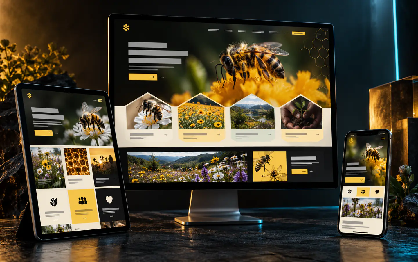 Save The Bees responsive website concept shown on desktop, tablet, and phone